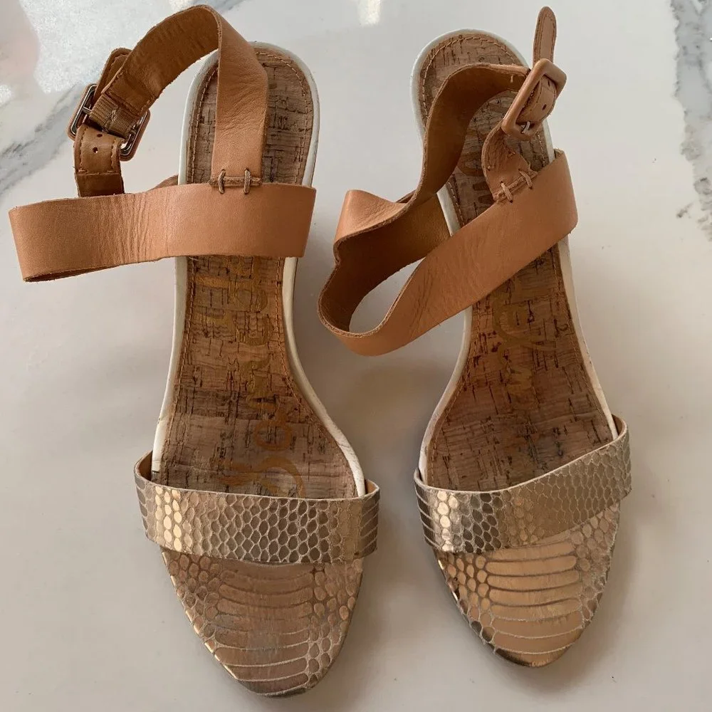 Sam Edelman Tan and Metallic Taupe Wedge Sandals - Picture 6 of 10